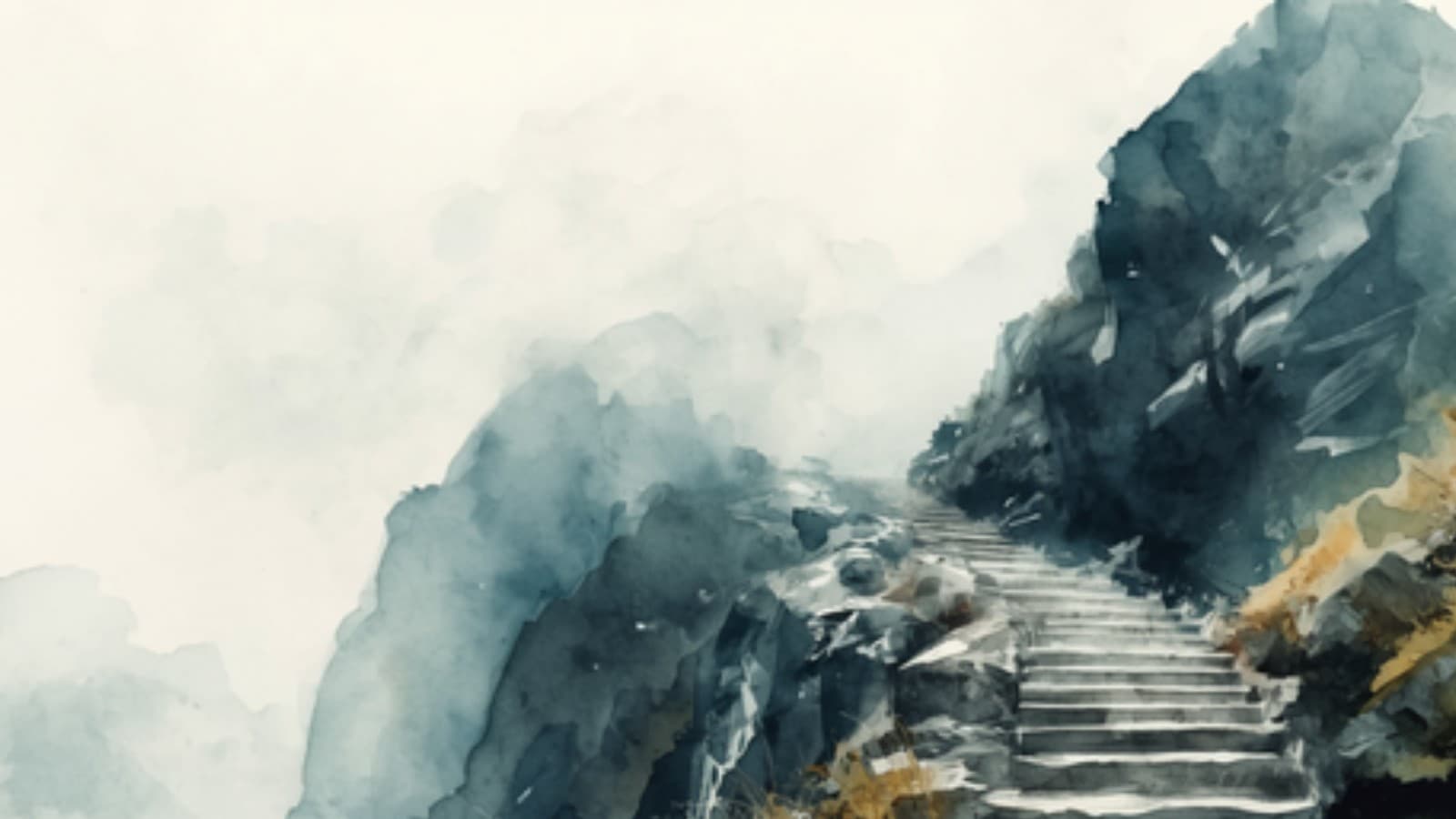 Watercolour painting of a worn stone stairway climbing steeply up a rocky mountain pass through drifting mist toward a high ridge