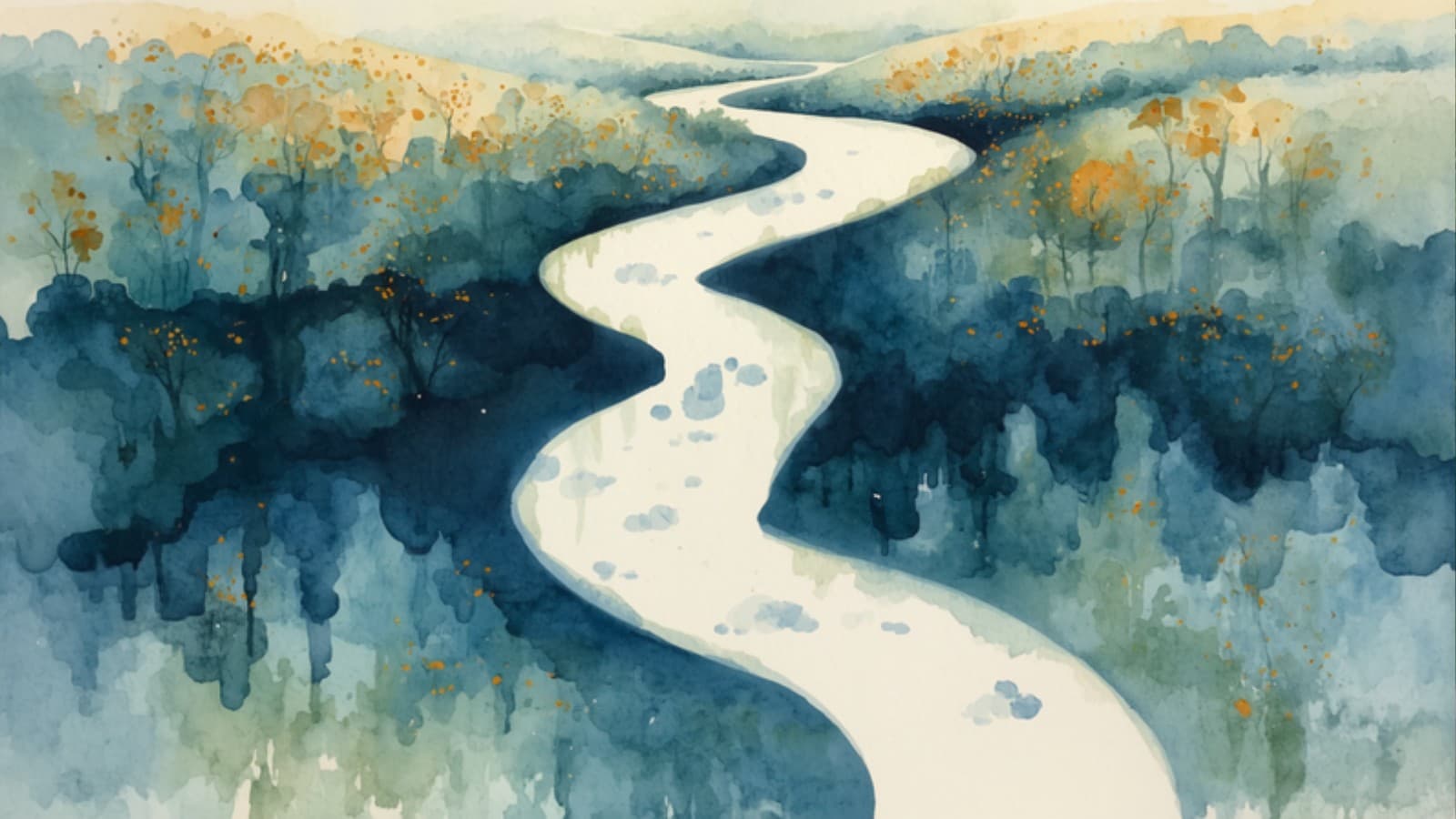 Watercolour painting of several small streams winding through autumn woodland and merging into one broad calm river flowing toward the horizon