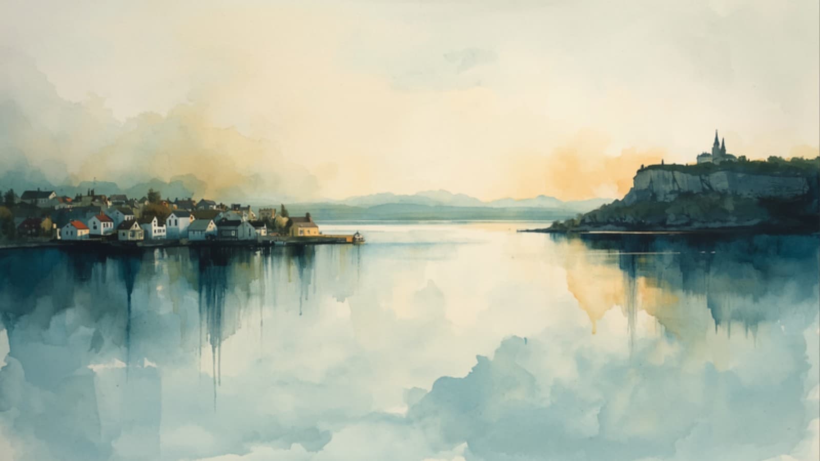 Watercolour painting of a calm lake at golden hour with a low cluster of small-town rooftops on one shore and a taller town rising on a bluff opposite