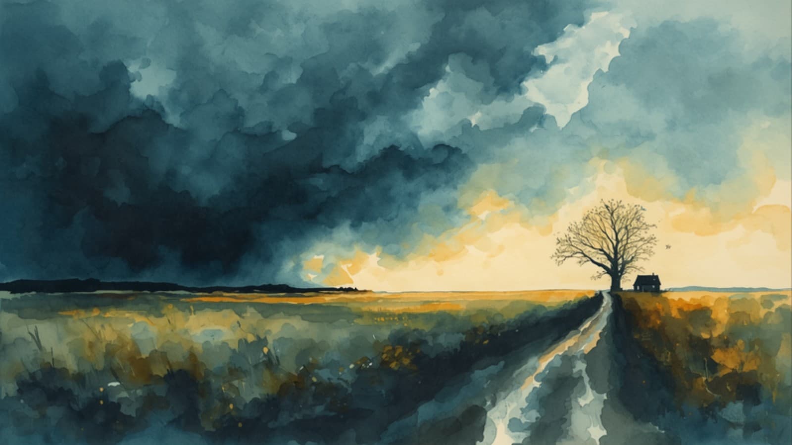 Watercolour painting of dawn breaking over an open field as storm clouds clear, a bare tree coming back into leaf beside a path leading to a distant house