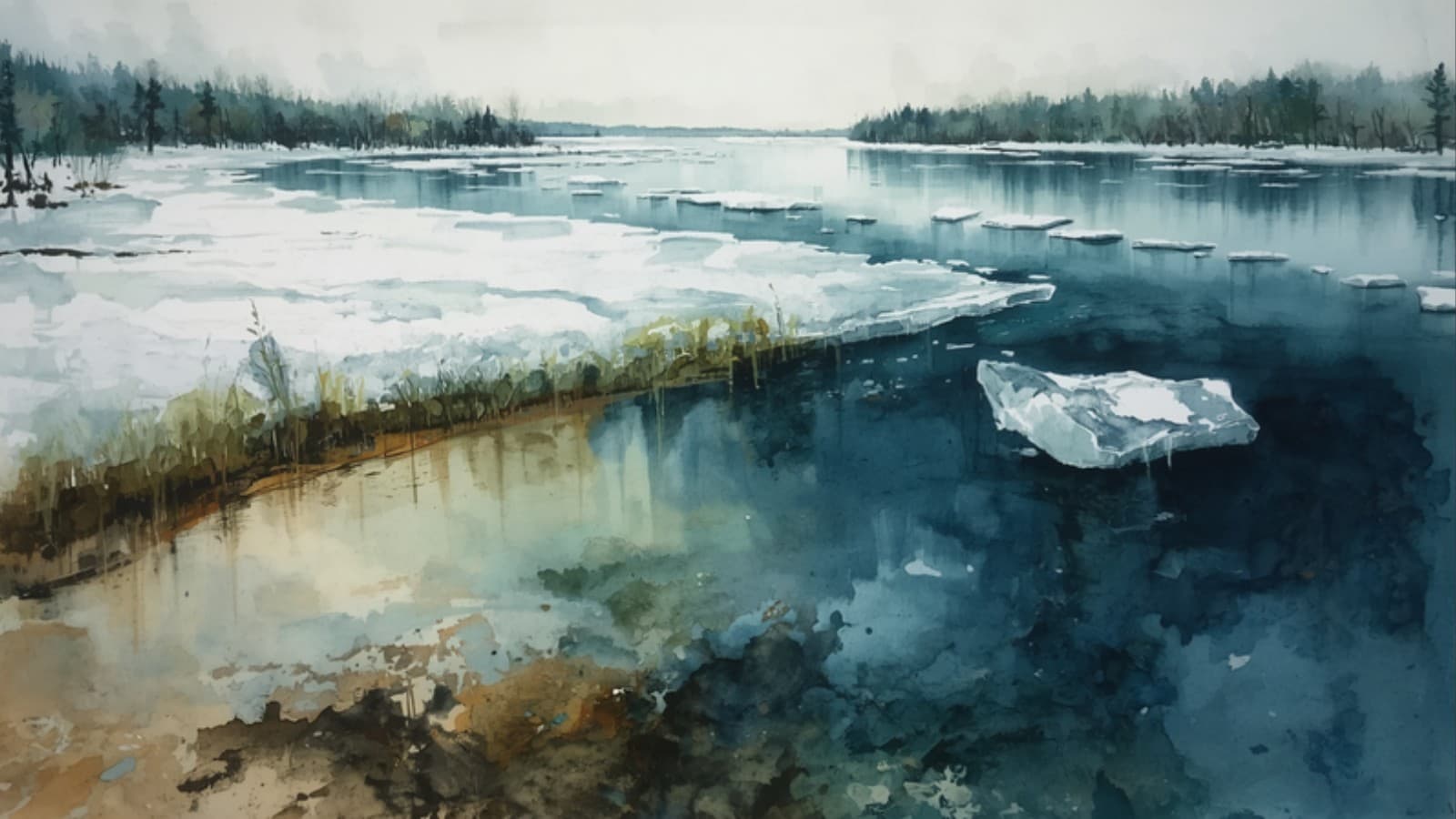Watercolour painting of an early spring thaw on a northern river, pale ice breaking apart and drifting downstream with green shoots appearing along the bank
