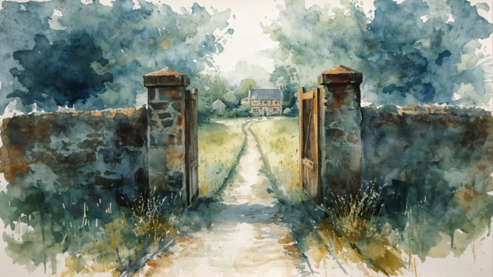Watercolour painting of an open wooden gate in an old stone wall, with a footpath leading through it across a meadow toward a house in the distance