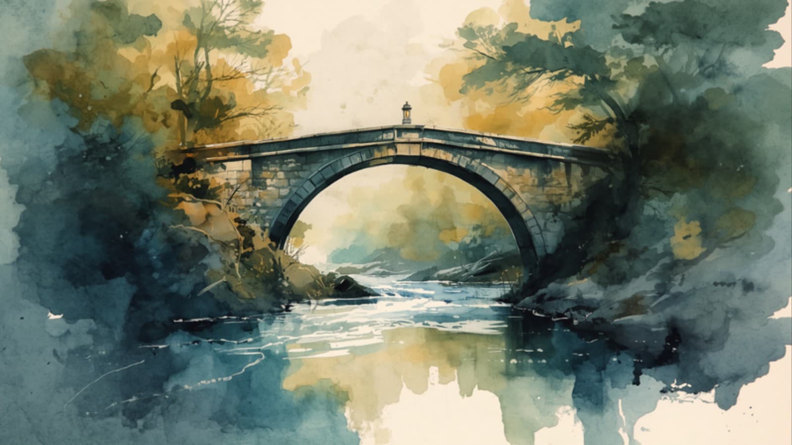 Watercolour painting of a solid stone arch bridge crossing a fast river in a wooded gorge, with warm light on the far bank