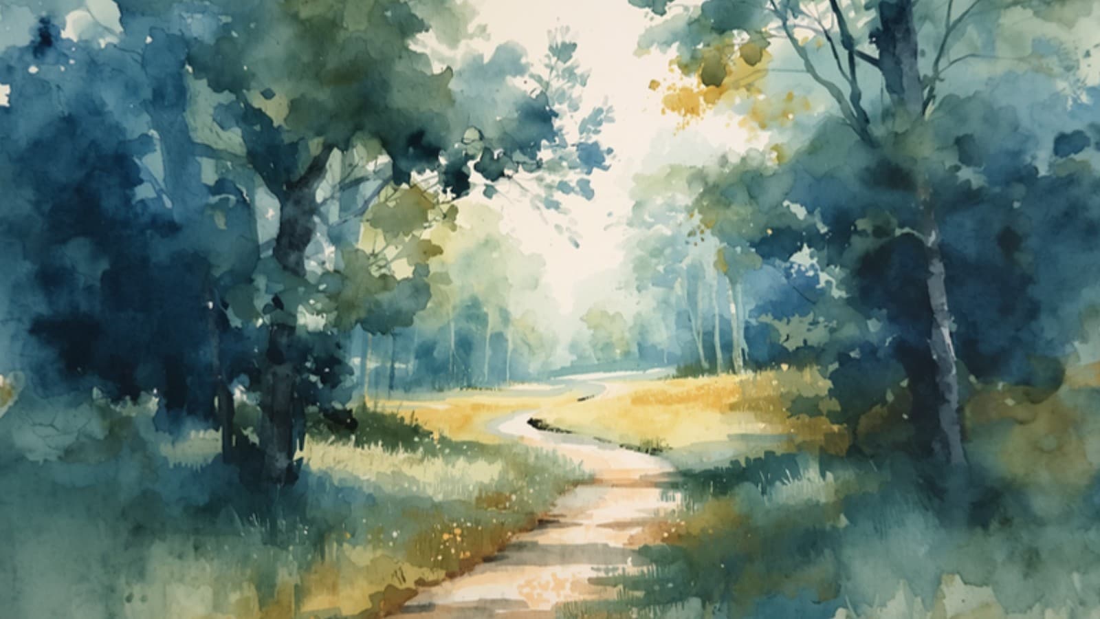 Watercolour painting of a sunlit woodland clearing where a single footpath divides into three separate trails heading off among the trees