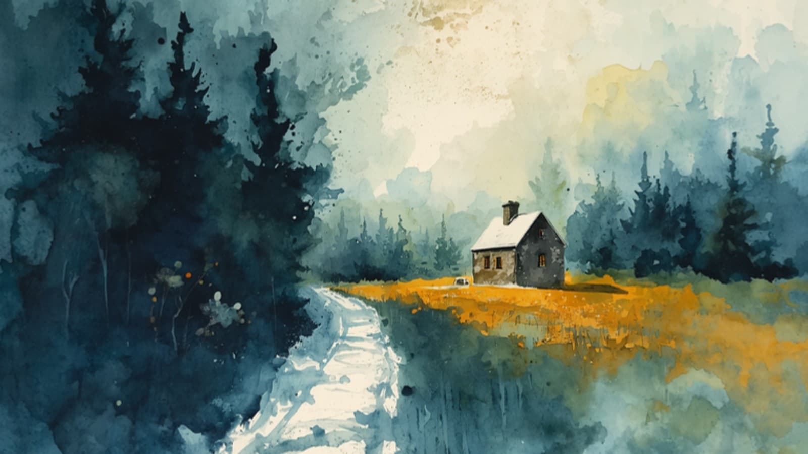 Watercolour painting of a trail leading out of a dark winter forest into a wide sunlit clearing where a stone house stands in warm light